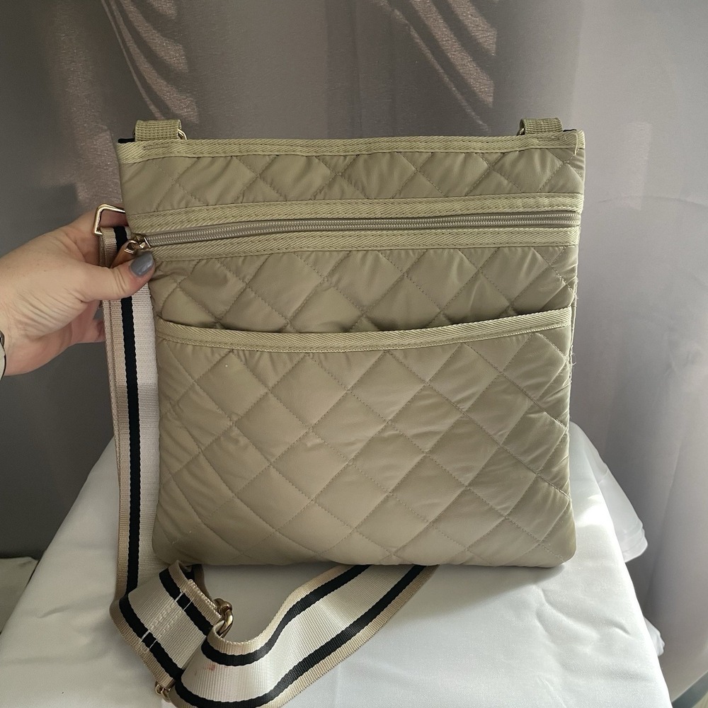Haute Shore Quilted Top Zip Adjustable Shoulder Strap Crossbody Handbag Tan